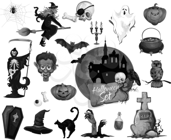 Halloween icons set for scary party holiday. Vector isolated set of vampire, witch on broom or dark house and crucifix cross on tomb grave, Halloween zombie skull and dead man, black cat or skeleton
