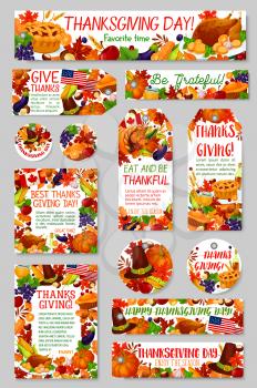 Thanksgiving Day and autumn harvest holiday gift tag set. Cornucopia with fall maple leaf, pumpkin, corn vegetable, roast turkey, apple fruit, pie, pilgrim hat for Thanksgiving greeting card design