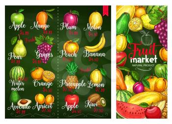 Fruits price or menu template for farm fruit market. Vector sketch exotic mango, apple or pear and grapes, watermelon or tropical banana and avocado, garden orange or kiwi and lemon citrus fruit