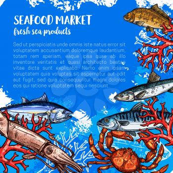Seafood market products poster sketch. Vector sea fish food of fresh fisher catch squid, tuna or octopus and prawn shrimp, lobster crab or flounder and salmon, ocean trout with spats and herring
