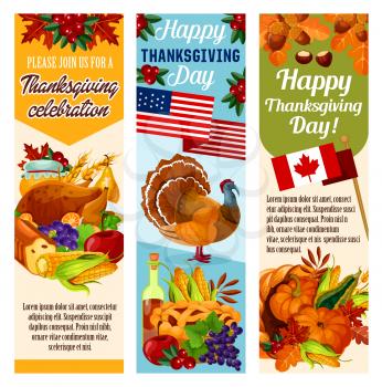 Thanksgiving day dinner invitation banners set for Canadian thanksgiving holiday. Vector design of Canada flag, turkey and fruit pie, pumpkin, corn and berry harvest, maple leaf and oak acorn