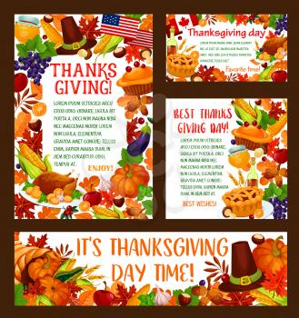 Thanksgiving Day greeting banner set. Autumn harvest holiday template with pumpkin vegetable, turkey, fallen leaf, pilgrim hat, cornucopia with apple fruit, grape, pie, honey, acorn and autumn foliage
