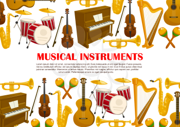 Musical instruments poster of piano, violin fiddle or contrabass and trumpet, percussion drums or cymbals and maracas, harp or saxophone and guitar. Vector design for music live concert festival