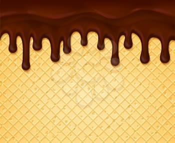 Chocolate splash flowing and dripping on waffle or wafer texture background. Vector dessert poster template of hot chocolate fondant splashes and drops for confectionery pastry and bakery cafe