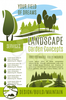 Green landscape design and gardening concept company poster template. Vector green nature trees and park gardens or woodland plantations for horticulture building and maintaining service