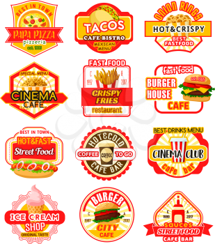 Fast food restaurant and pizzeria icons of burgers, hot dog sandwiches, drinks and desserts for fastfood restaurant delivery menu. Vector pizza, cheeseburger or hamburger, fries and donut or ice cream