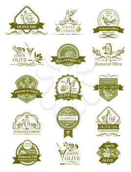 Olive oil icons of green and black olives for extra virgin product bottle packing label templates vector isolated set. Italian cuisine best quality vector organic cooking oil drops and olive leaf