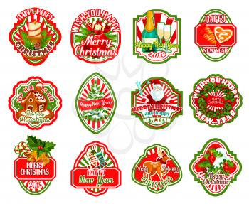 Merry Christmas greeting icons and happy winter holiday wishes set. Vector Christmas tree, Santa gift or holly wreath garland decoration, New Year stockings and candy cookie with red ribbons