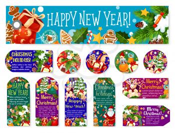 Merry Christmas and Happy New Year greeting card tags and banners design of Santa presents gift at Christmas tree. Vector Xmas holly wreath decoration, golden bell and snowman or gingerbread in snow