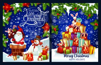 Merry Christmas greeting card design of Santa in chimney and snowman at Christmas tree with gift presents. Vector Xmas golden bell and candle on wreath decoration for New Year party or winter holidays