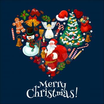 Merry Christmas greeting card of heart with winter holiday symbols of Santa and gift bag, Xmas tree decoration and ornaments. Vector Christmas snowman and angel on blue celebration background