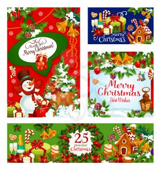 Merry Christmas happy wishes greeting card, poster or banner of snowman and Santa presents in Christmas tree decoration. Vector holly wreath garland of golden bell, New Year cookie for winter holiday