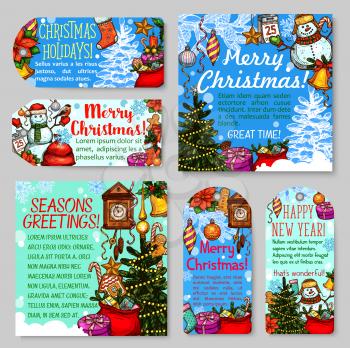 Christmas and New Year holiday gift tag and greeting card set. Xmas tree, present and snowman, bell, star and snowflake, candy, ball and cookie, snow and ribbon sketch for Xmas banner and label design