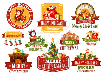 Merry Christmas greeting icons and happy winter holiday wishes on red ribbons. Vector Christmas tree holly wreath garland decoration, Santa gift presents and stockings for New Year celebration season