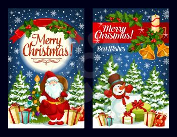 Merry Christmas greeting cards design of Santa present gifts and snowman at Christmas tree. Vector Xmas golden bell and candle on wreath decoration for New Year party or winter holiday seasonal wish