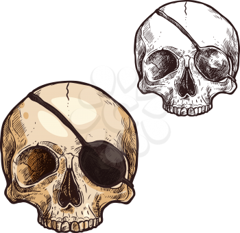 Halloween skull scary skeleton sketch icon. Vector dead zombie scary head with pirate eyepatch. Isolated symbol of Halloween horror holiday party and trick or treat holiday celebration