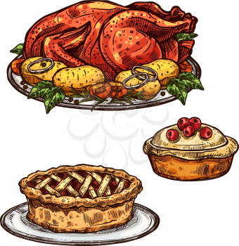 Thanksgiving day roasted turkey chicken, apple fruit or berry pie sketch icon. Vector isolated symbol of traditional dinner food dish for Thanksgiving seasonal holiday greeting design template