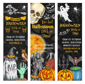 Halloween pumpkin, ghost and skull chalkboard banner set. Horror witch, bat and spider, skeleton or grim reaper with death scythe, cemetery grave with zombie sketch poster for Halloween holiday design