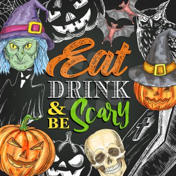 Halloween trick or treat and drink and be scary party celebration sketch invitation poster template. Vector Halloween pumpkin lantern on tomb grave, skeleton skull witch and creepy dead monster coffin