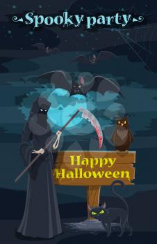 Halloween holiday horror night party banner. Spooky skeleton or grim reaper with death scythe invitation poster with black cat and bat, full moon and spider web for Halloween celebration design