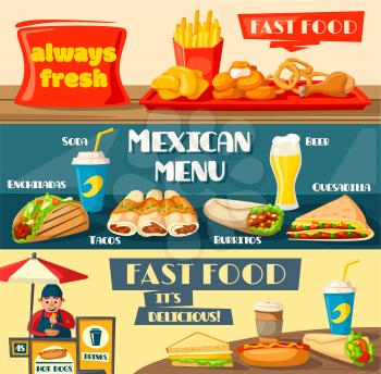 Fast food banners set for fastfood or street food restaurant or bistro. Vector flat design of burger, mexican taco or burrito, cheeseburger or hamburger and hot dog sandwich and ice cream vendor booth