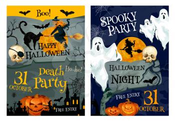 Happy Halloween holiday poster of spooky night party invitation. Ghost, bat and pumpkin lantern, witch with broom, spider and cat, haunted house and zombie grave banner with full moon on background