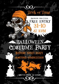 Halloween holiday costume party poster with pirate skull and crossbones. Spooky skeleton skull in bandana with ghost, witch and cemetery gravestone banner for Halloween celebration design