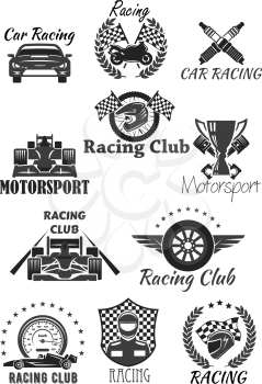 Racing club and motorsport isolated symbol set. Racing car, motorcycle, champion trophy cup, race flag, wheel, racer helmet, piston, speedometer, spark plug with heraldic wreath, star and wing