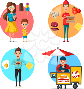 Food and people flat icons. Vector set of fast food burgers, pizza man and daily egg omelet meal or lunch, hot dog street food vendor and ice cream sweet candy desserts for mother and child