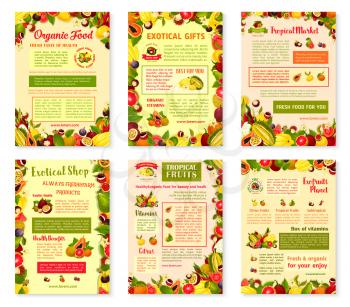 Exotic fruits posters or brochure template of tropic fruit harvest. Vector design of tropical papaya, passion fruit maracuya or figs and durian, farm juicy lychee or organic pitahaya and carambola