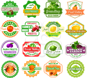 Fruits icons and labels for fruit juice or farmer market products. Vector badges set for organic kiwi, pear or grape and peach, natural apple or garnet and fresh lemon or melon, plum or watermelon
