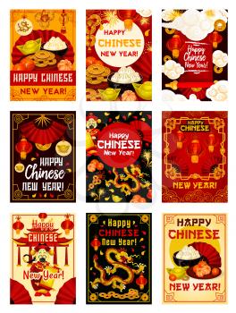 Happy Chinese New Year greeting cards design of traditional Chinese dragons, fireworks in clouds, gold sycee ingot and lucky knot coin ornament. Vector China emperor with wish scroll and red lanterns