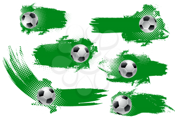 Soccer ball banner set of football sport game template. Flying soccer ball with grunge paint brush stroke and copy space for football championship tournament match ticket or sport club emblem design