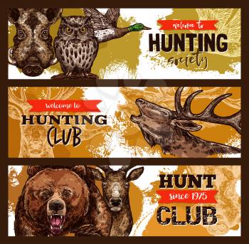 Hunting sport banner for hunter club template with wild animal and bird. Deer, duck and bear, boar, elk and owl sketches poster with ribbon banner for opening hunting season themes design