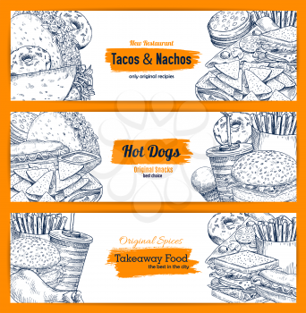 Fast food banner of american and mexican restaurant menu template. Hamburger, pizza and hot dog sandwich, fries, soda, donut, chicken and ice cream, taco and nachos sketch for promo flyer design