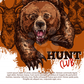 Hunting sport club of hunter poster with wild bear, deer and boar animal sketch. Roaring grizzly attacking with angry muzzle, reindeer and hog banner on grunge background for hunting season design