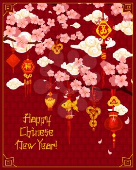 Chinese New Year greeting card of cherry blossom flowers and golden traditional decorations on red hieroglyph pattern background. Vector golden coins, fish and red lanterns for Chinese lunar new year
