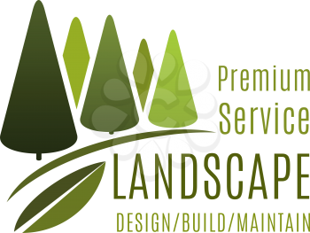 Landscape design company or green landscaping service icon design template. Vector isolated symbol of green trees park or horticulture woodlands for eco design and build association