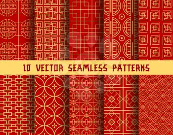 Chinese red and golden seamless vector patterns of abstract traditional Asian ornament. Vector background patterns set of Chinese or Japanese geometric circles and squares and ornate golden line shape