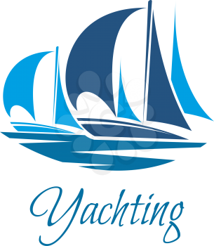 Yachting club or marine sport and adventure icon of blue yacht or sailboat with sails. Vector sail ship of sea cruise boat and ocean travel vessel for summer vacation tourism