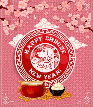 Chinese New Year zodiac dog and Spring Festival flower greeting card. Oriental holiday festive food, drum, lucky coin and asian lunar calendar animal banner, decorated with blooming branch of cherry