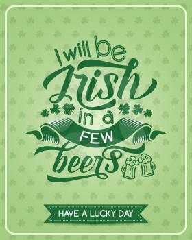 Saint Patrick Day green clover greeting banner for irish holiday party design. Shamrock leaf and beer mug with greeting lettering and ribbon with wishes of Lucky Day for invitation poster template