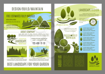 Landscape design brochure template for landscaping build and maintain service or eco environment company. Vector park trees or garden horticulture and green nature architects planning