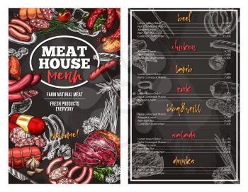 Meat house sketch menu design template for gourmet meaty delicatessen. Vector beef sausages, chicken grill or lamb barbecue brisket and beefsteak or bacon filet, drinks and salads appetizers