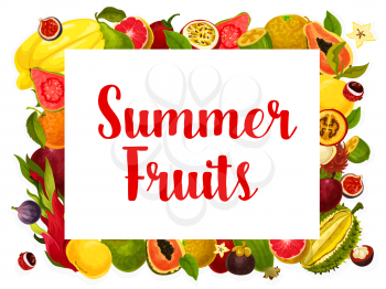 Exotic summer fruits of tropical grapefruit, papaya or avocado and mango, passion fruit maracuya or juicy banana and kiwi or durian and orange. Vector harvest poster for fruit shop or farm market