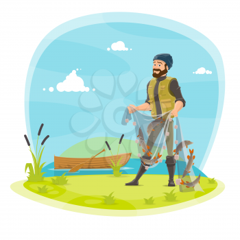 Fisherman on fishing with fish catch in net. Vector flat design of fisher man in rubber boots at lake or river and boat holding fish catch on rod and tackles with pike, crucian or trout
