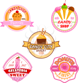 Candy shop or patisserie desserts icons of cakes, ice cream, berry and fruit cupcake, chocolate biscuit or pie and pastry tiramisu or brownie tart. Vector candies for bakery shop or cafeteria and cafe