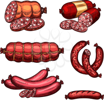 Sausages and meat delicatessen sketch icons of sketch set of sausage sorts salami, pepperoni and bunch of pork chorizo. Vector chipolata kielbasa and frankfurter bacon bratwurst for gastronomy shop
