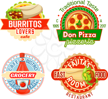 Fast food meals and snacks icons design template for fastfood restaurant or bistro menu. Vector Mexican burrito burger and fajita sandwich, pizza for pizzeria and ketchup for grocery cafe bistro