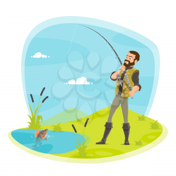 Fisherman on fishing with fish catch on rod hook pulling from lake. Vector flat design of fisher man in rubber boots at river with fish catch on rod and tackles with pike, crucian or trout